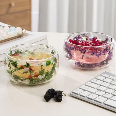 Yousheng 300ml Glass Bowl Double Walled Borosilicate Glass Bowl with Dried Flowers Artistic Decorative Soup Dessert Serving Bowl