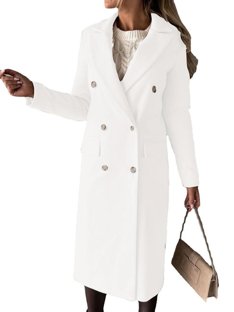 Women's Spring 2025 Versatile Woolen Double-Breasted Long Sleeve Coat with Welt Pockets