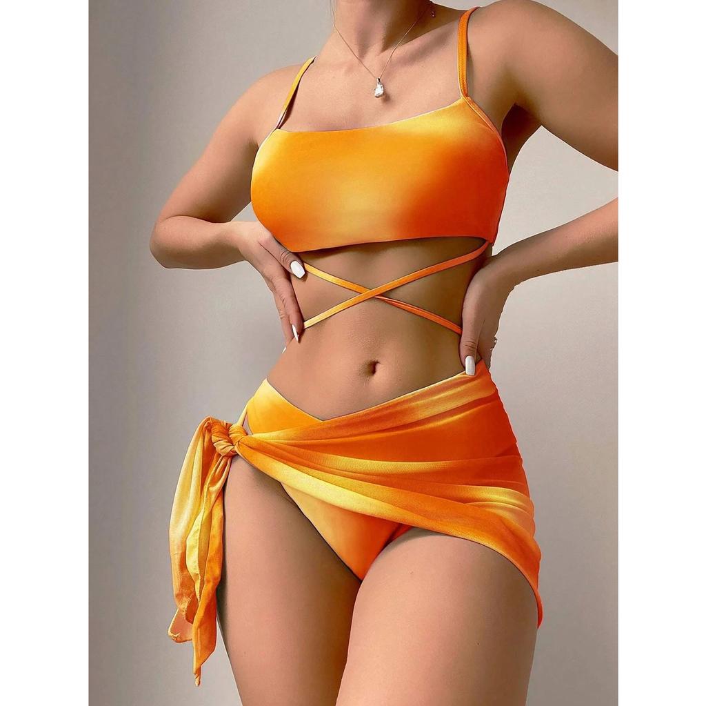 Tie Dye Halter Bikini Female Swimsuit Women Swimwear 3 Pieces Bikini Set with Sarong Bather Bathing Suit Swim