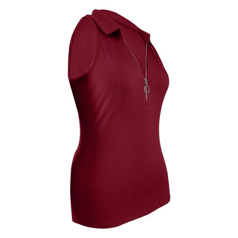 2024 Women's Fashion Casual Solid Color Ribbed Zip-Up Vest T-Shirt with Turn-Down Collar for Spring/Summer
