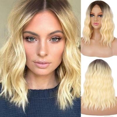14inches Short Natural Wave Bob Wig Middle Part Black Golden Wig Heat Resistant Wavy Synthetic Wigs for Black Women