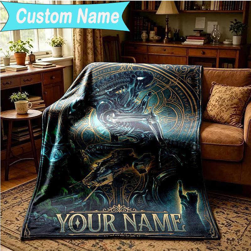 1PC Custom Name Blanket Alien Artwork Flannel Blankets Patterns Throw Blanket All-Season Soft Gift for Couch, Bed, Camping, Birthday Gifts