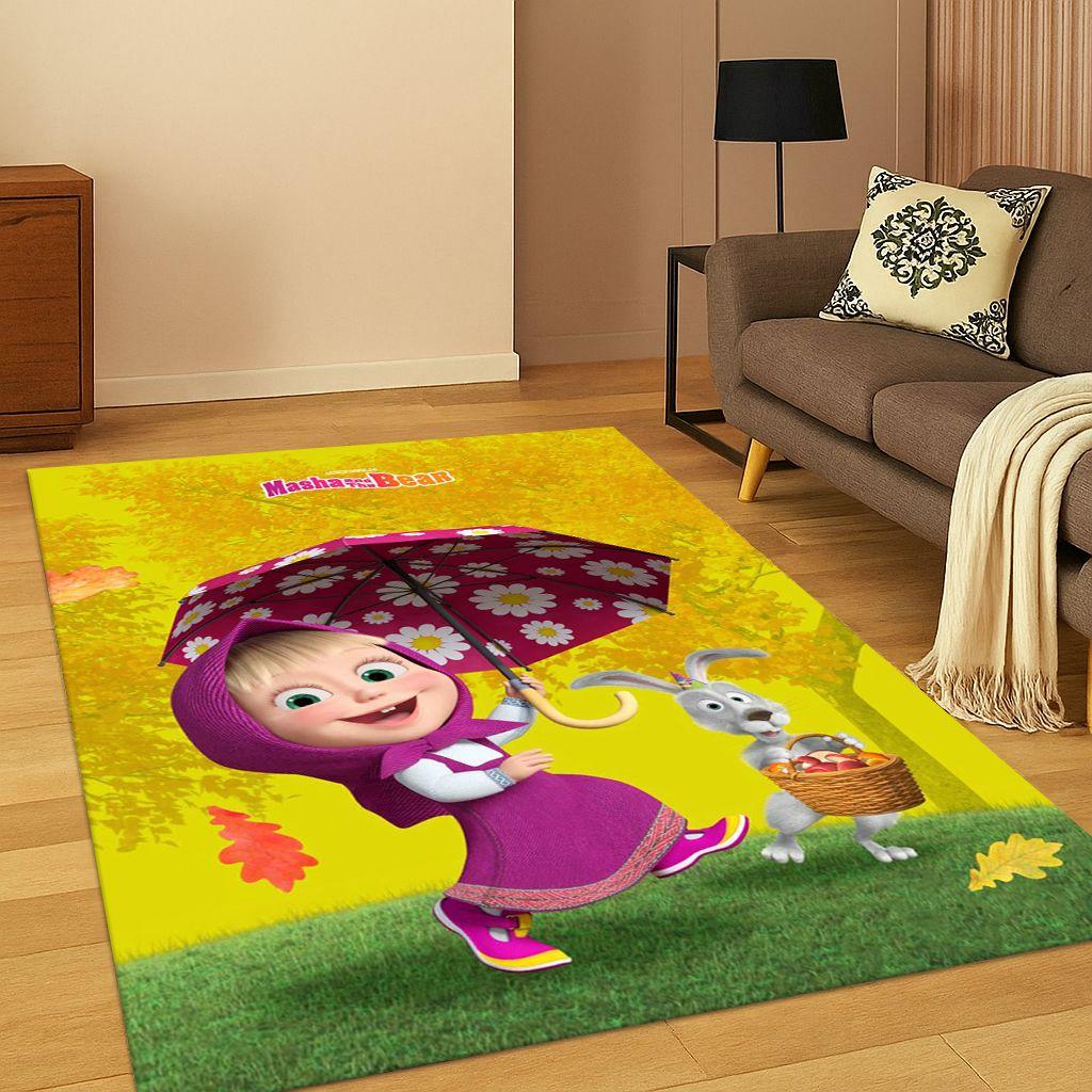 Covor Desen Animat 3D Masha și Ursul pentru Dormitor Sufragerie Canapea Preș de Intrare Decor Casă, Covor Zonă Joc Copii Antiderapant Cadou de Crăciun