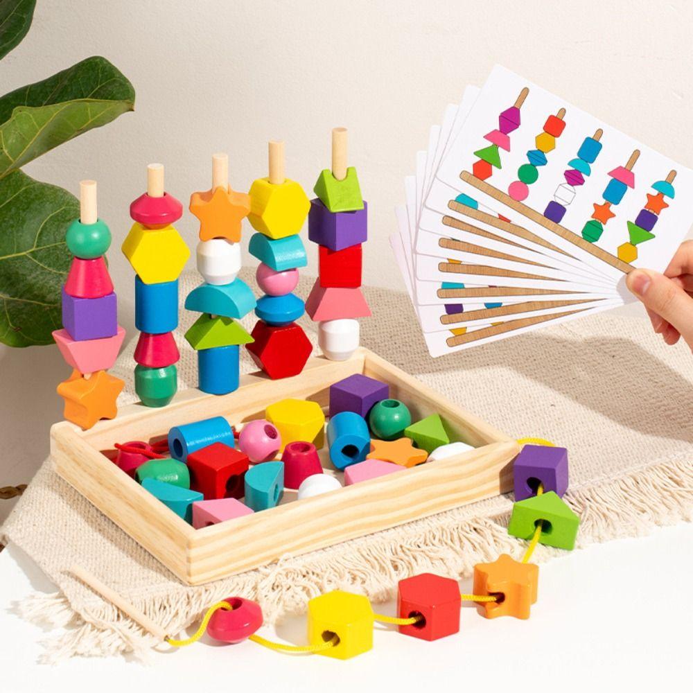 Geometric Color Shape Cognition Toys Interactive Wooden Beads Sequencing Toy  Kindergarten Kids