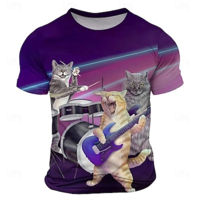 Men's 3D Cartoon Cat Print T-Shirt - Casual Crew Neck,Short Sleeve,Fashion Top for Everyday & Vacation Wear