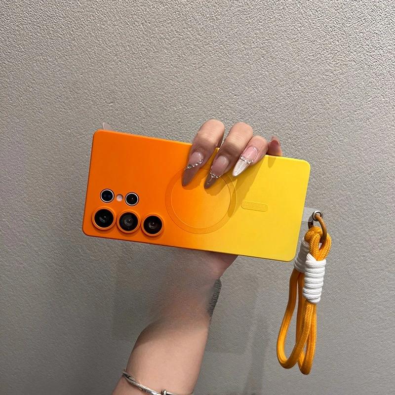 Luxusní pouzdro Magsafe s gradientní barvou pro Samsung Galaxy S25 S24 S23 S22 S21 Ultra S25 Plus Kryt z tekutého silikonu s měkkým řetízkem na ruku