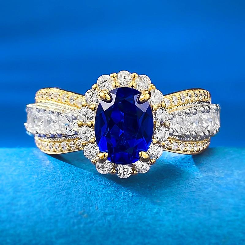 

Lulu Tong 925 Silver French Lace Simulated Sapphire Oval Ring - Romantic Fashion Style Size 7