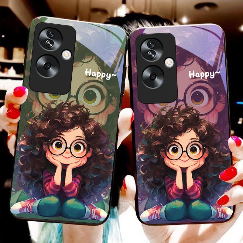 Mädchen mit lockigen Haaren Für Oppo A79 5G 58 78 74 60 4G Reno 11F Realme GT 6 11 Note 50 10 C55 X2 Gehärtetes Glas Schwarze Handyhülle