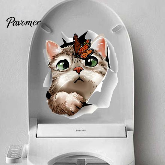 Waterproof Bathroom Sticker Cartoon Cat Butterfly Toilet Sticker, Removable Lid Decor Stickers Decorative Decal, Self-Adhesive Wall Accessories