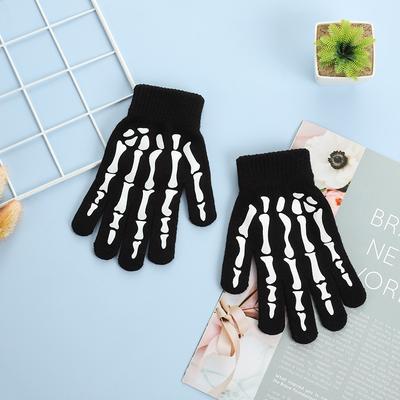 Guantes Negros de Halloween Impresos en Offset Guantes de Punto Divertidos de Calavera Guantes Cálidos para Ciclismo al Aire Libre