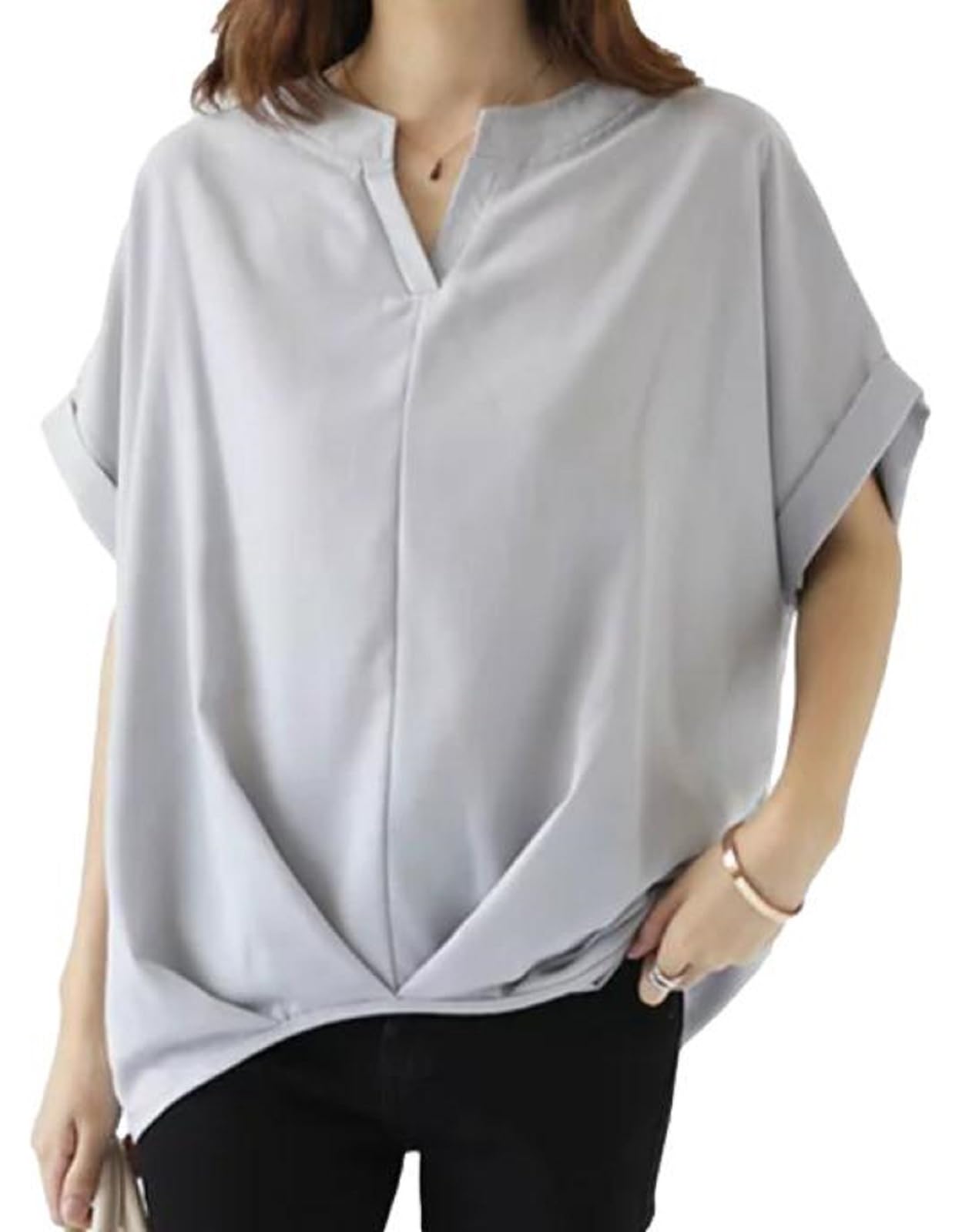 

[1/2style] Nibunnoichi Style Blouse, Shirt, Tucked Hem, V-Neck Top, Short Sleeves, Skipper Top, Roll-Up, Office Wear, Women s (Gray, M)