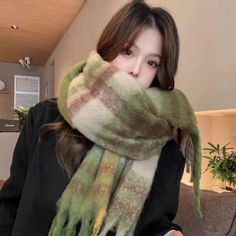 Plush Plaid Wool Scarf Tassel Cape Wraps Warm Winter Cashmere Scarves  Student