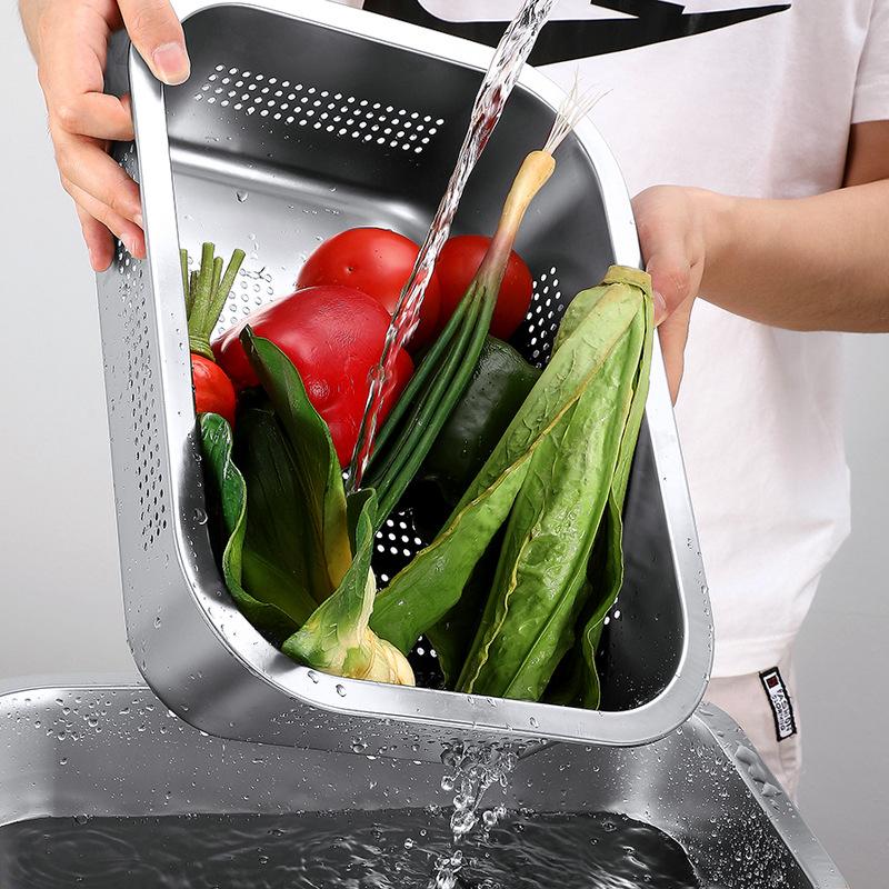 Vassoio di scolo rettangolare per alimenti da cucina, in acciaio inox, per pasticceria, pane, verdure, frutta, con coperchio