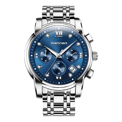 PINDOWS Diamond Business Dress Analog Quartz Luxury Waterproof Luminous Date Stainless Steel Classic Fashion Watch Men's Watch, Display, Two-Tone