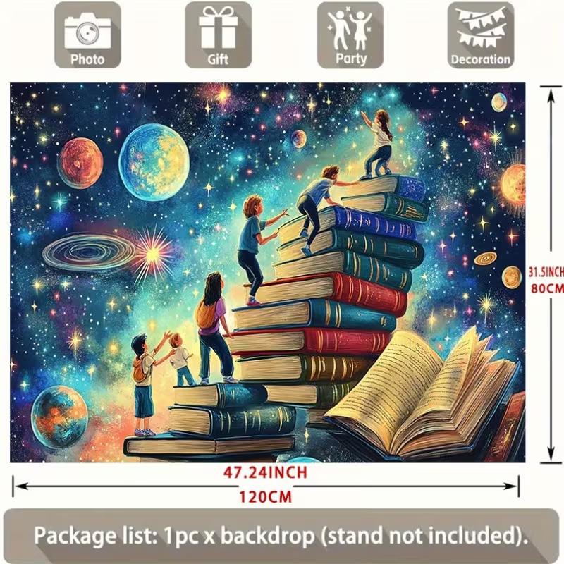 2D Kids Book Galaxy Backdrop Banner - Magical Reading Space Photo Background