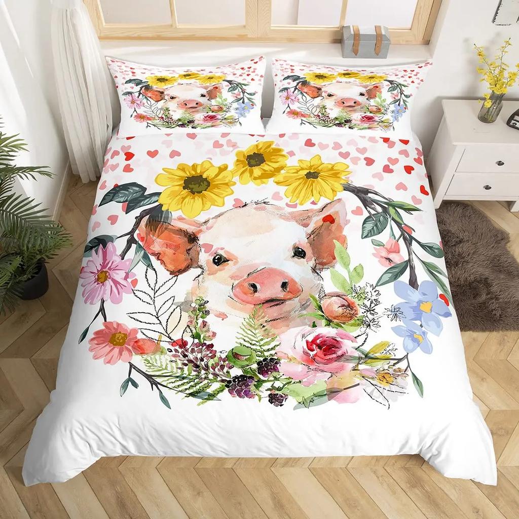 Cute Pig Duvet Cover Set For GirlsSunflowers Florals Comforter Cover Pink Grid Lattice Plaid Bedding Sets Quilt Cover Full Size
