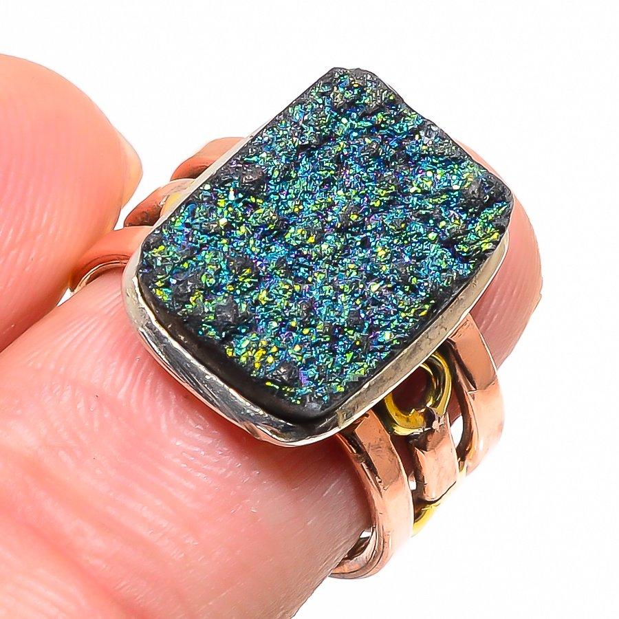 Natural Titanium Druzy Gemstone Two Tone 925 Solid Silver Gift Ring S.7.5 Q9u68