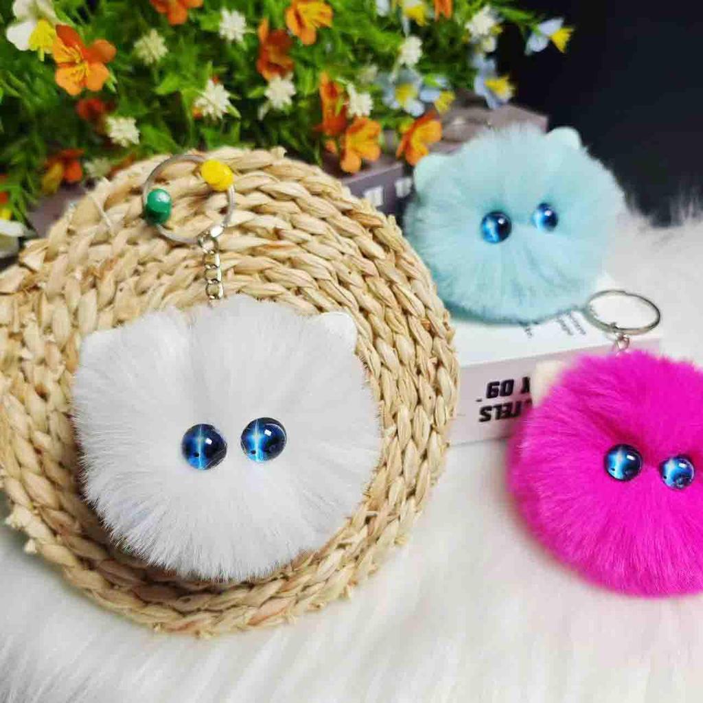 Rex Rabbit Fur Bow Cat Pendant Keychain Kitten Ornament