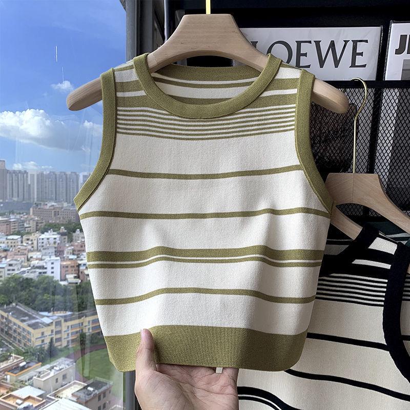 Korean Style Sweet Striped Crop Knit Tank Top - Sleeveless & High Waist Summer Blouse