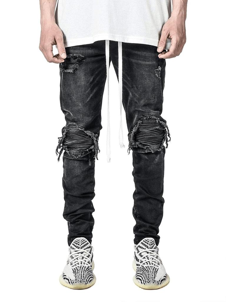 Trendy Men's European Stretch Motorcycle Black Ripped Denim Jeans