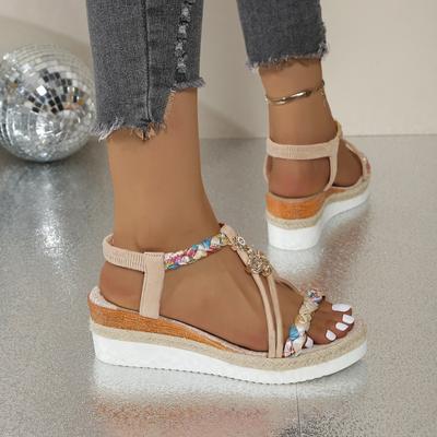 2025 Summer Women Sandals Floral Print Bohemian Sandals Wedge Thick Sole Elevated Elastic Strap Open Toe Hollow Ladies Sandals