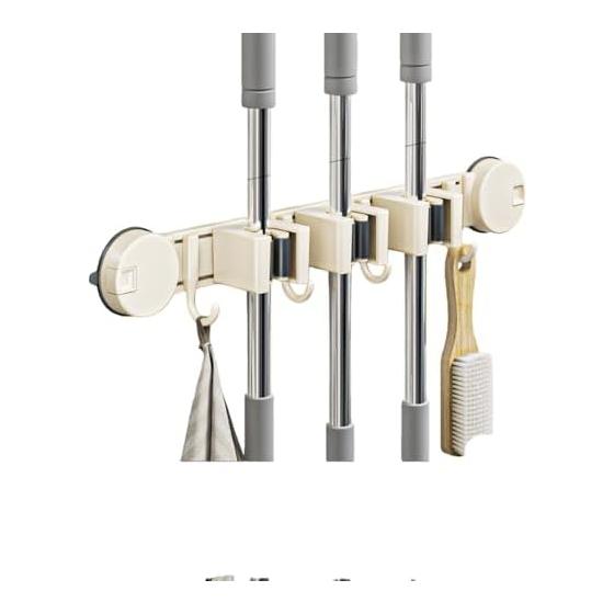 Lamantt Mop Holder, Wall Mounted Mop Holder, Suction Cup Type, No Drilling Required, Kitchen, Bathroom, Cleaning Tools Storage, Strong Suction Cup,