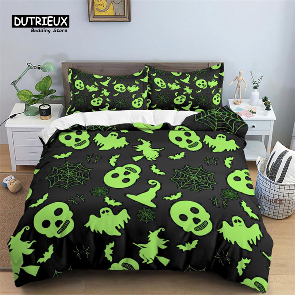 Skull Bedding Set Halloween Bats Duvet Cover King Size Microfiber Pumpkin Skeleton Print Comforter Cover With Pillowcases Decor