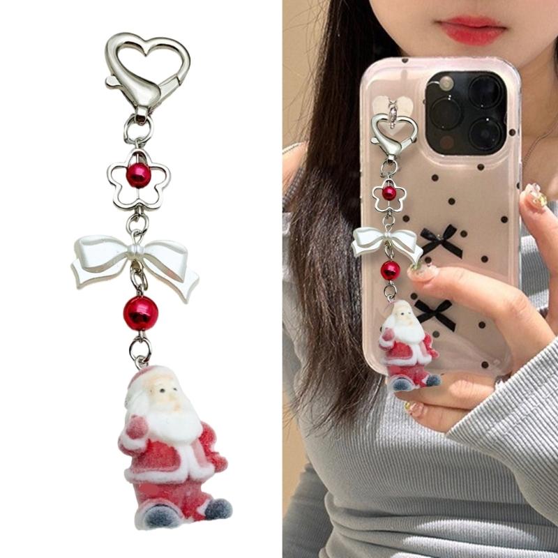 Flocking Santa Clauses Christmas Keychain Star Bowknot Pendant Portable Stocking Stuffers for Kids and Adults Daily Use
