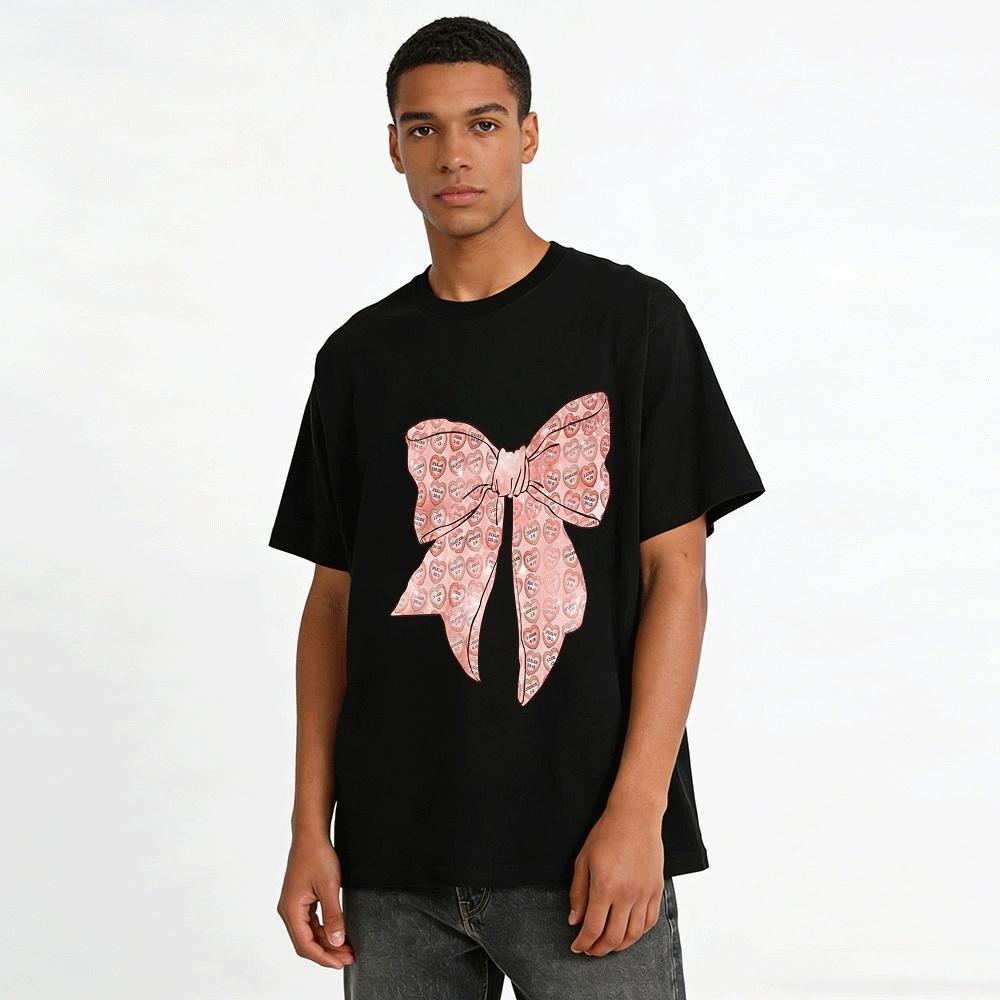 Heart Scripture Print Bow Pattern Casual Top Pure Cotton T-shirt