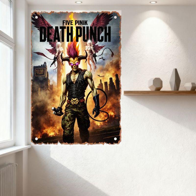 Pět růžových Death Punch Vintage kovových plechových cedulí, Démonická postava a Andělské ženy Apokalyptické umění, Nástěnná dekorace pro Bar Man Cave Kavárnu H