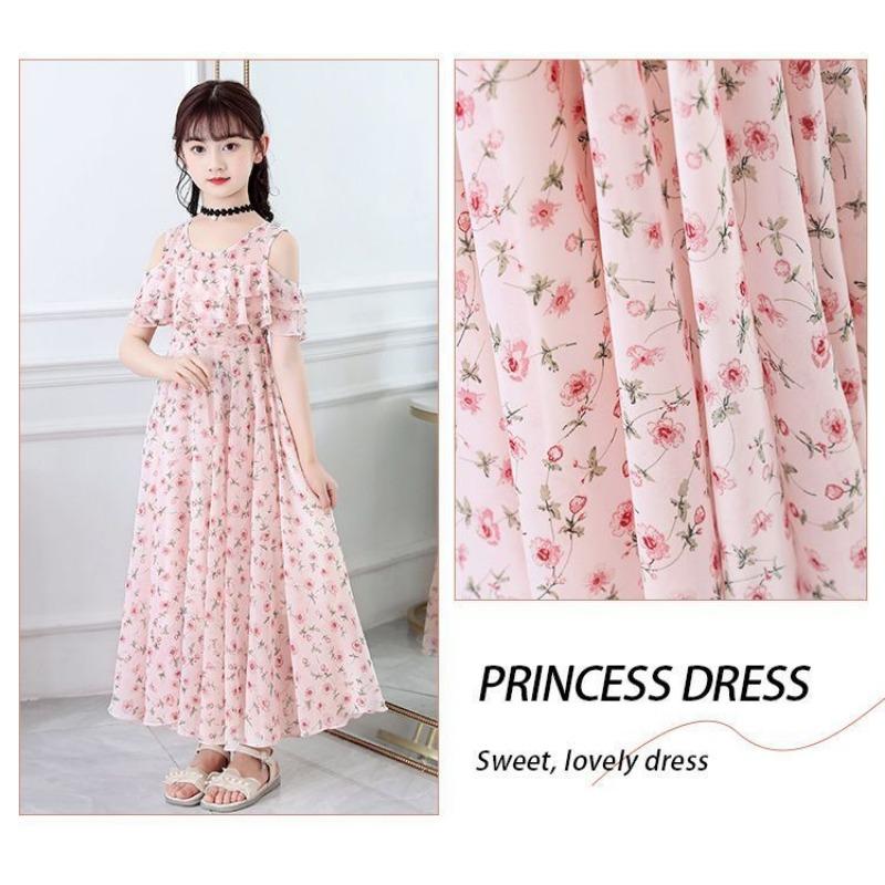 Kleines Mädchen Blumen Chiffon Prinzessin Langes Kleid Kinder Sommer Freizeitkleid