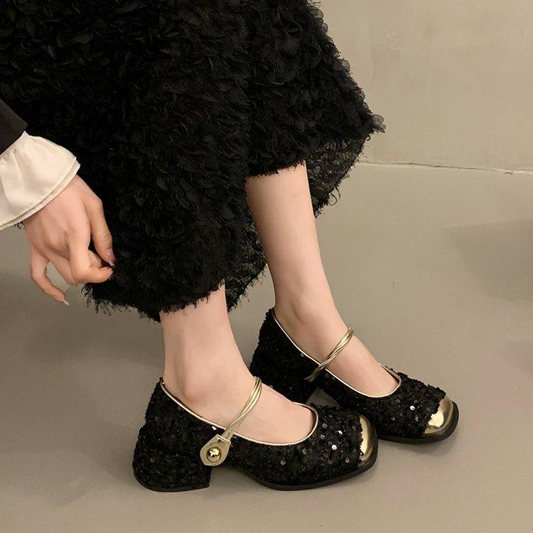 French Sequined Silver Bag Head Half Slippers Women's 2025 Spring and Summer Xiaoxiangfeng Korean Version Temperament Mary Jane Single Shoes Women's S