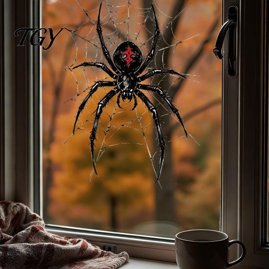 Artykuły na imprezy wewnątrz i na zewnątrz Halloween Pająk Statyczne Naklejki na okno, PVC Wodoodporne Naklejki z pajęczyną, Czarne Dekoracje ścienne Usuwalne Straszne Naklejki dla