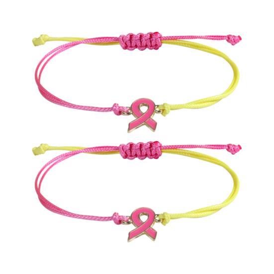 Braided Rope Wristband 2 Pcs Breast Cancer Awareness Bracelets, Adjustable String Stackable Wrist Accessories Bracelets with Ribbon Charm