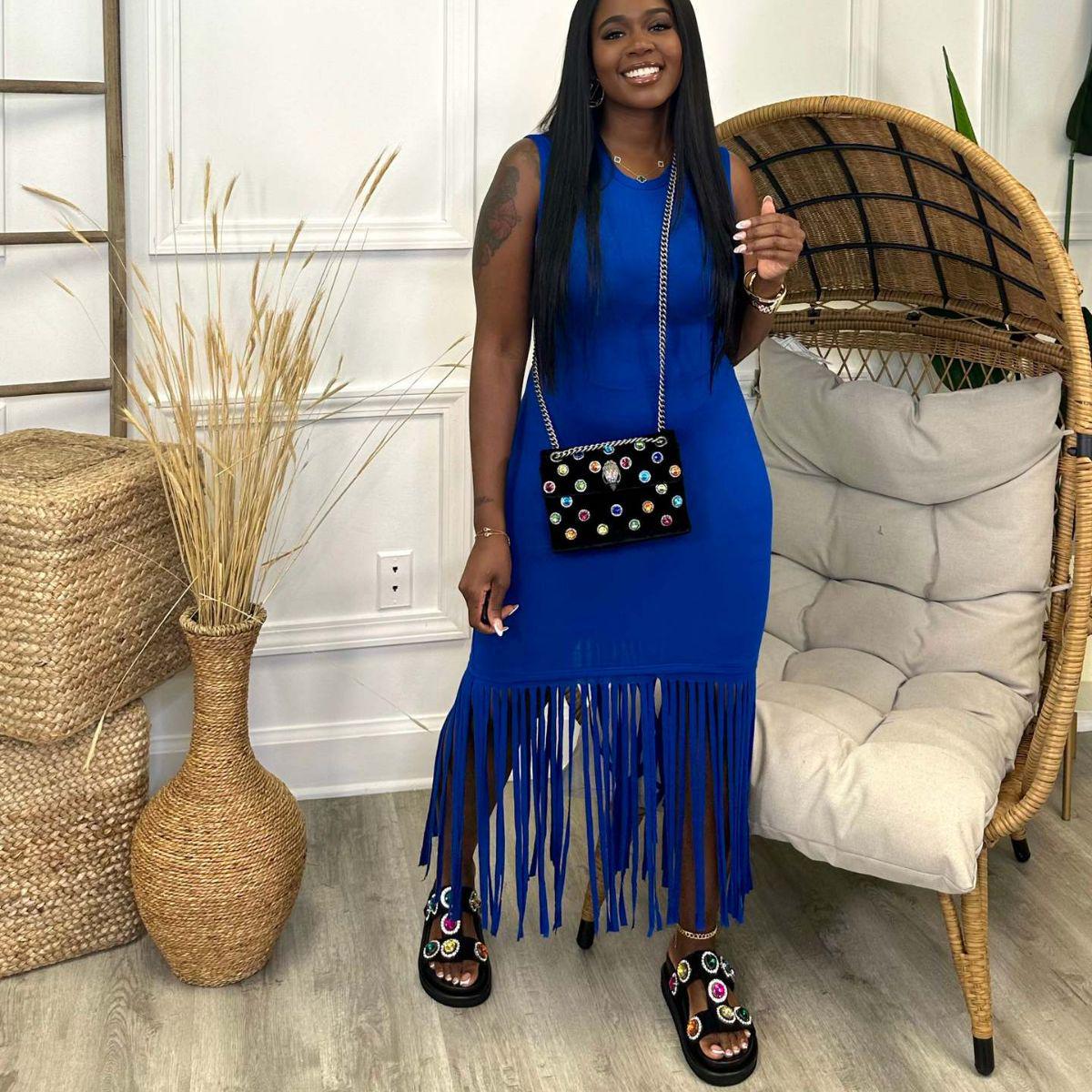 

Новое популярнейшее платье с кисточками для европейских и американских женщин XL синий