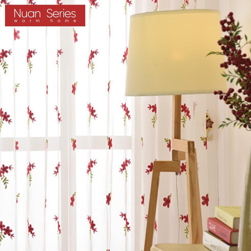 1 Stück Nuan Serie Exquisit und Vielseitig Pastoraler Stil Rot Floral Bestickt Transparenter Vorhang Tüll für Wohnzimmer Schlafzimmer Fensterdekoration Heimdekor