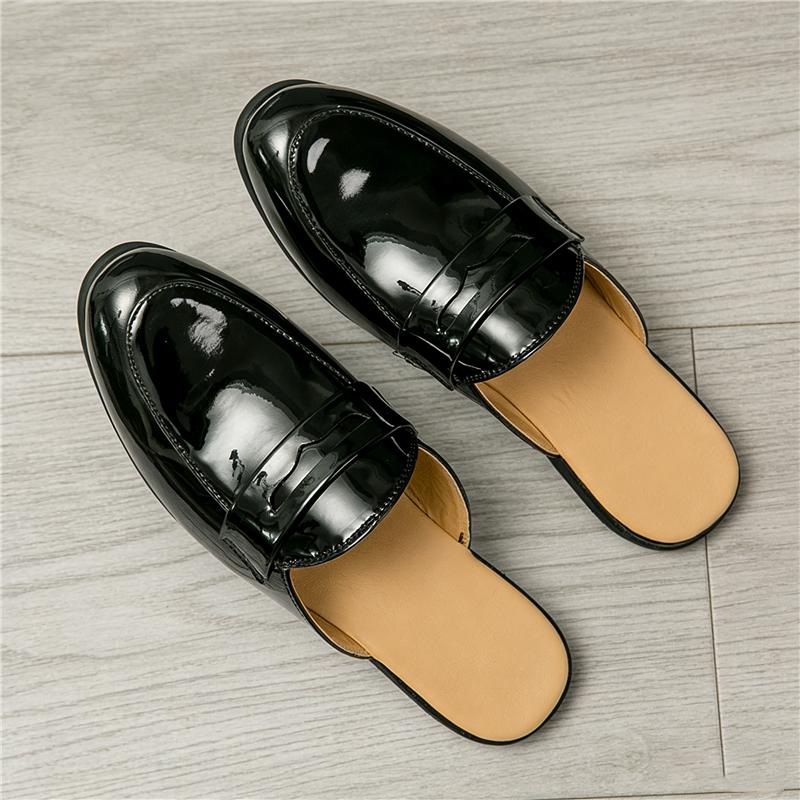 Fashion New Men's Black White Half Slippers Penny Loafers Casual Patent Leather Mules Moccasins Breathable Slip On Shoes
