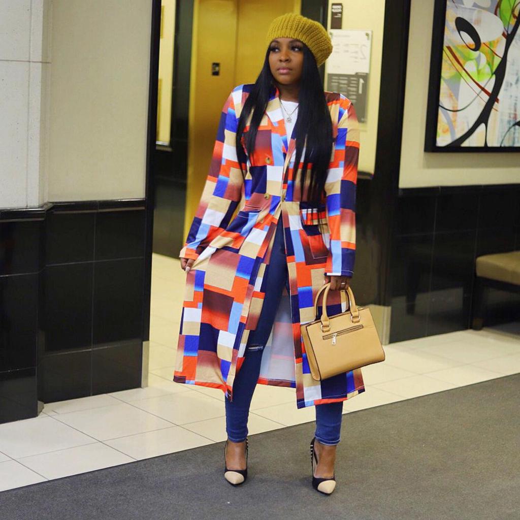 Plus Size Plaid Double-Breasted Lapel Trench Coat for Women - Autumn/Winter Collection