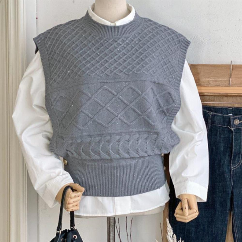 New Arrivals Open Run Women Viscose Pearl Bling Pattern Ribbed Knit Vest