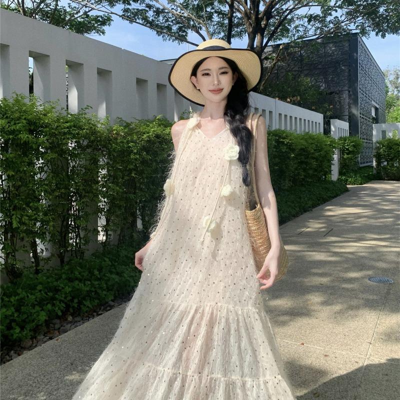 

Летнее новое женское однотонное платье с V-образным вырезом без рукавов с розовыми пайетками L белый