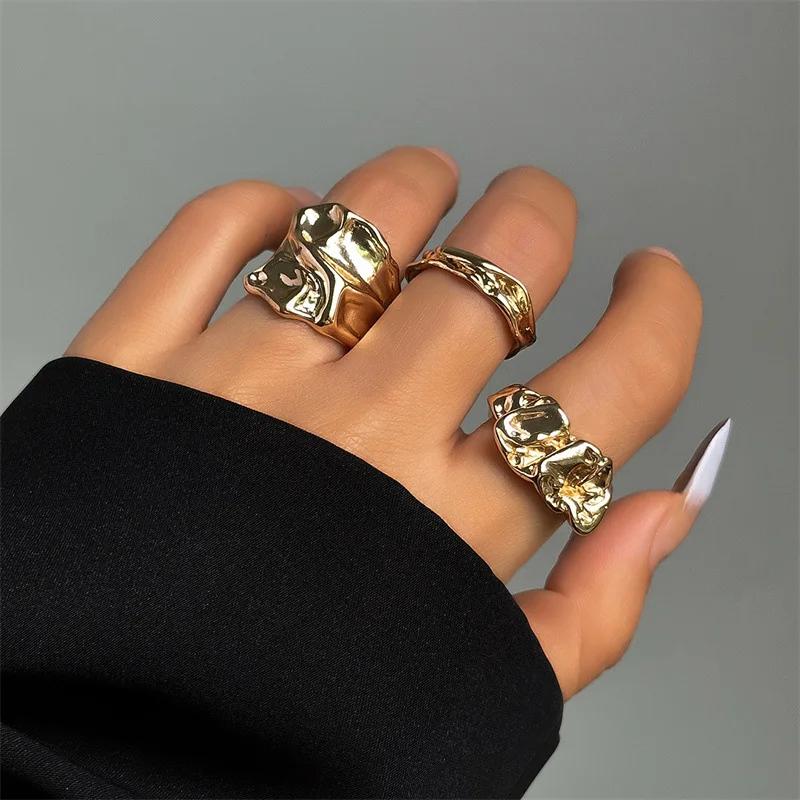 Punk Golden Liquid Rings Set For Women Irregular Wave Metal Knuckle Rings Aesthetic Egirl Gothic Jewelry Birthday Gifts