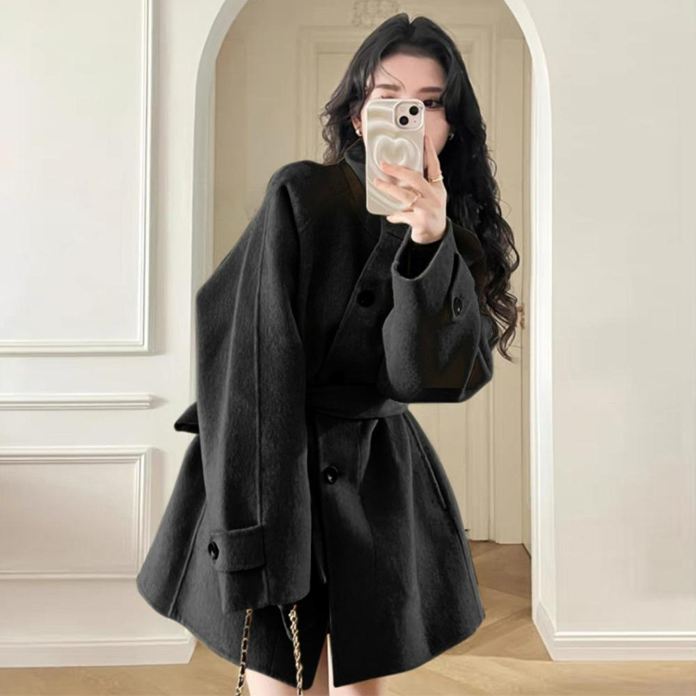 

Khaki Woolen Coat Women s Autumn and Winter Woolen Coat Sense of Small Short Temperament XS
