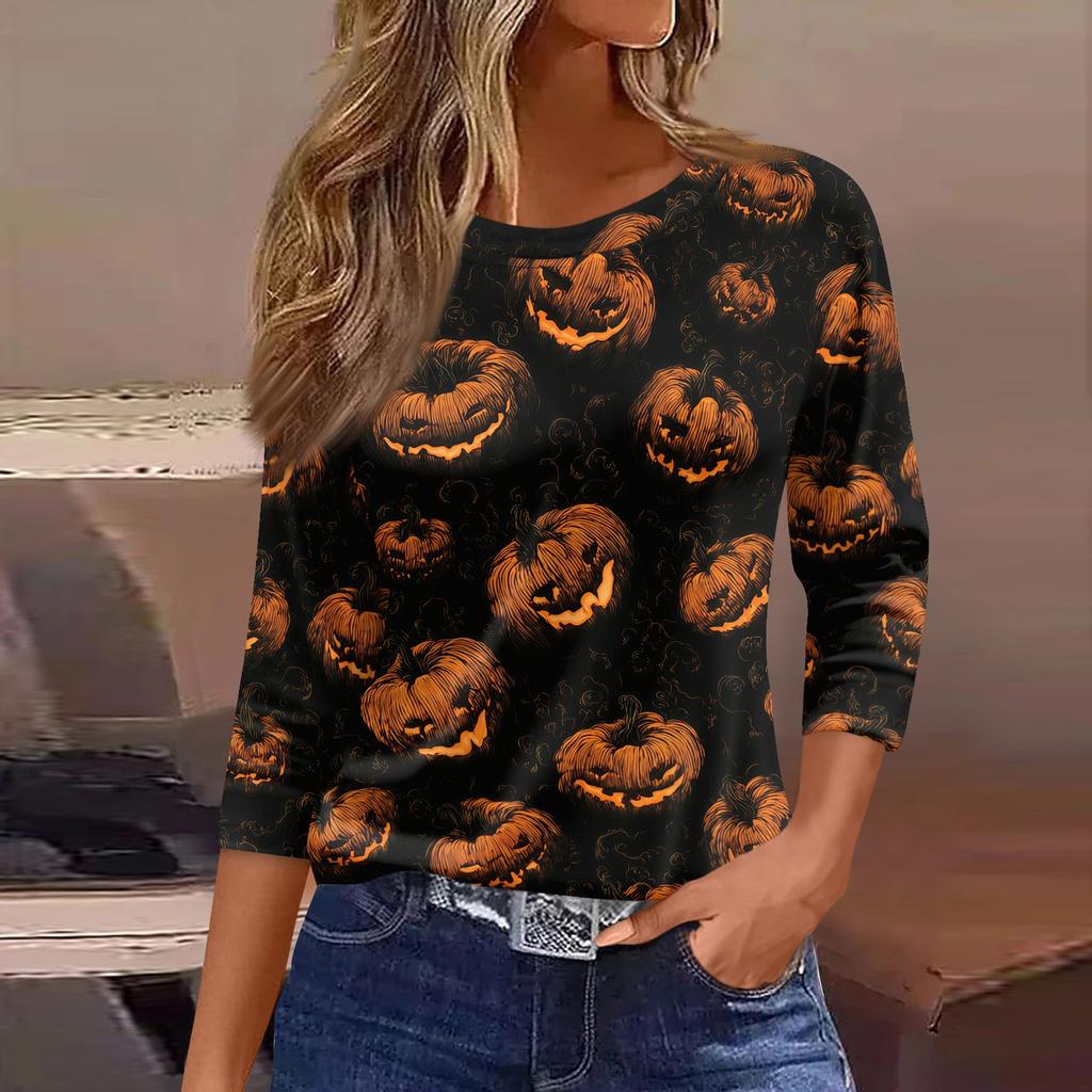 Women 3/4 Sleeve Casual Loose Fit Shirt Round Neck Halloween Pumpkin Print T-Shirt Top for Everyday Wear
