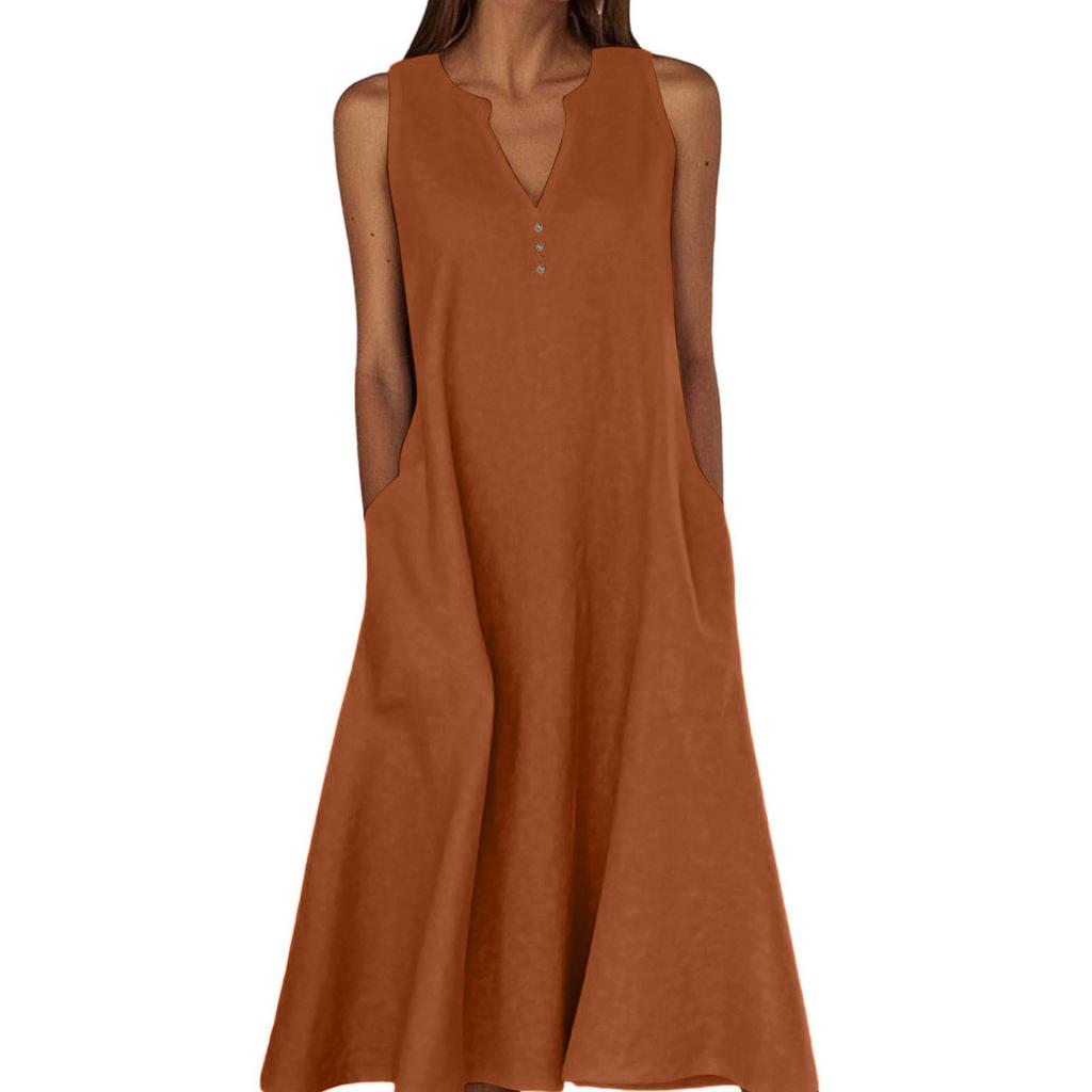 Women's Summer Casual V-neck Button Solid Color Sleeveless Long Dress With Pockets