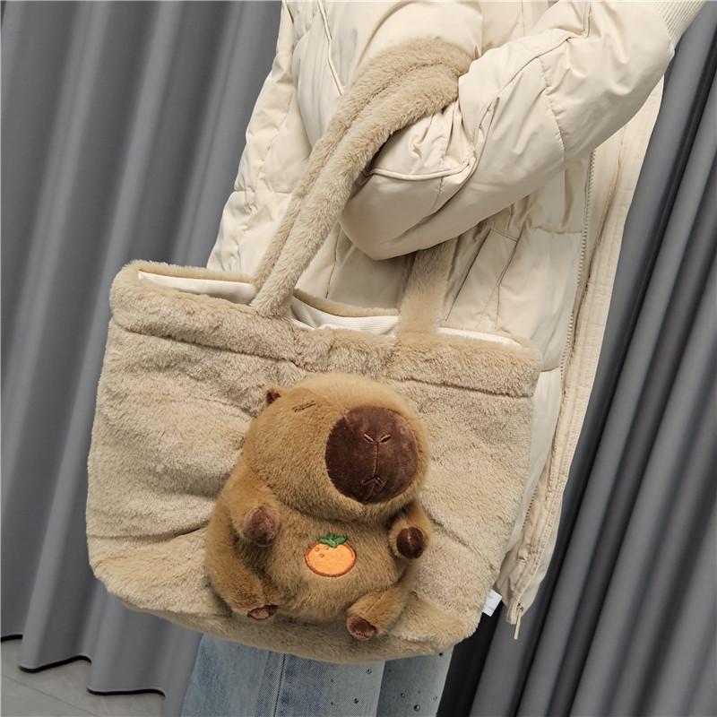 Large Capacity Capybara Plush Handbag Cartoon Capibara Fluffy Doll Tote Bag Commuter Bag Individuality Birthday Gift Room Decor