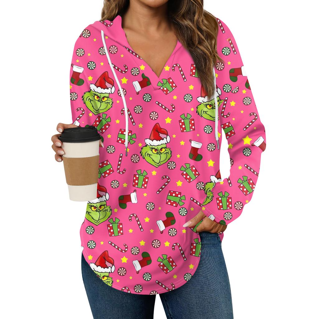 Women's Fashion Hoodies V Neck Long Sleeve Christmas Printed Drawstring Casual Loose Pullover Tops
