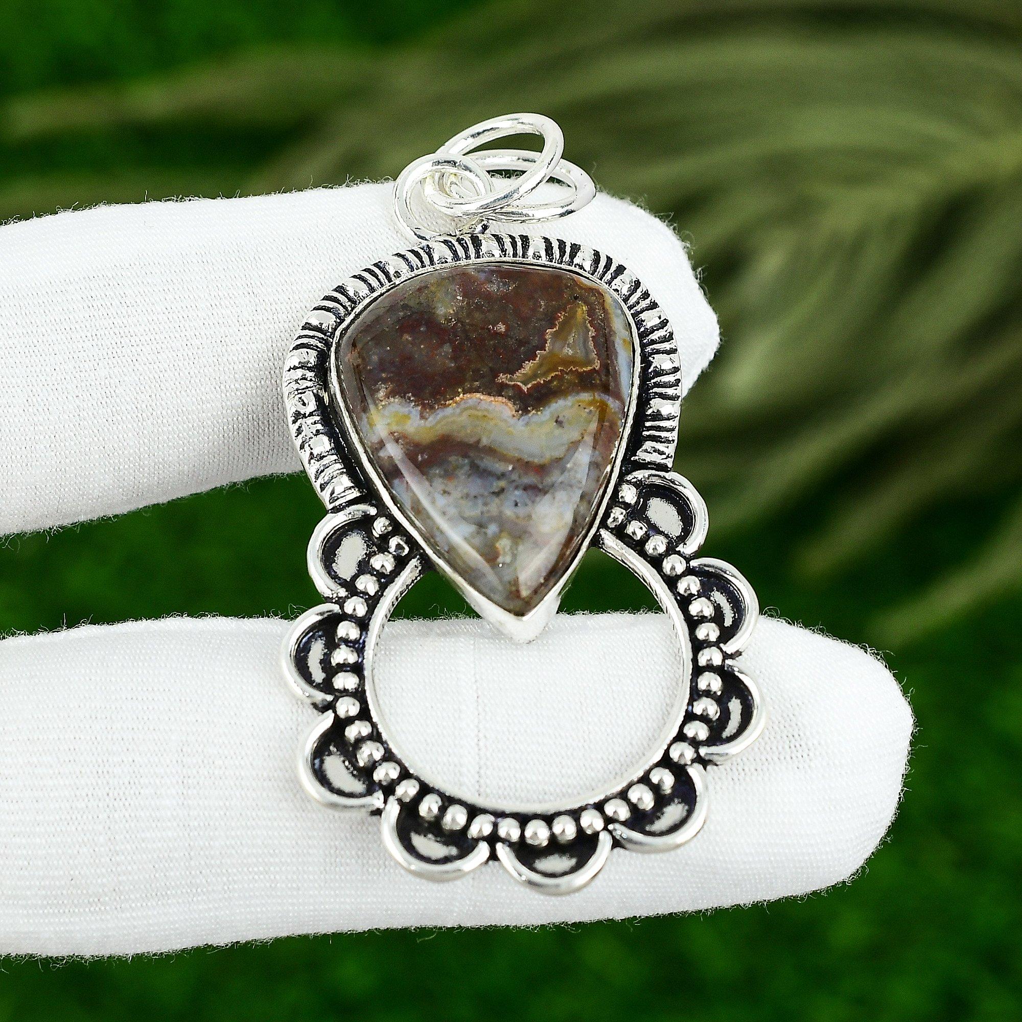 

Pear Mexican Laguna Lace Agate Gemstone Boho Daughter Pendant Sterling Silver