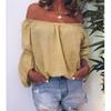 Women's Off Shoulder Long Sleeve Blouse Loose Fit Ruffle Elastic Neck Solid Color Linen Top For Spring Autumn