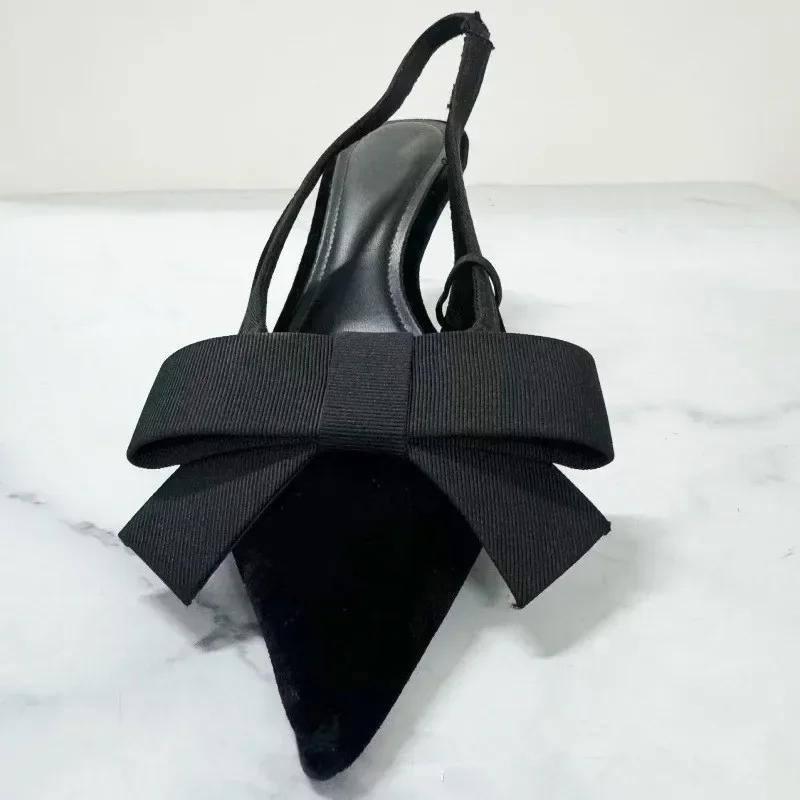 Fashion Black Velvet Butterfly-knot Designer Heeled Sandals Women Sexy Pointed Toe Slingbacks Women Pumps Elegant Party Dress High Heels