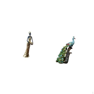 African Women Figurine Tribal Lady Statue Peacock Sculpture Resin Handmade Desktop Ornament